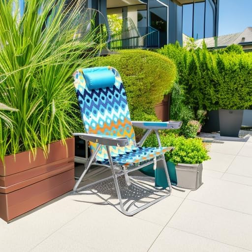 SUNNYFEEL Extra Wide 28" Folding Beach Chair 5 Position Lay Flat, Portable 17" Tall Camping Chair with Cup Holder for Outdoor/Lawn/Trip/Picnic, Lightweight Foldable Sand Chairs for Adults (Wave)