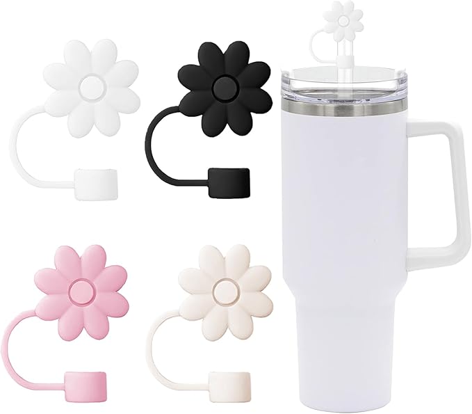 4PCS Silicone Straw Covers Toppers for Stanley Cups 30&40 Oz Tumbler Accessories Flower Straw Caps Mixed Color Dust-Proof Reusable Straws Tips Protectors for Stanley Cup 10mm 0.4in Straws