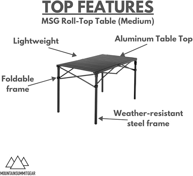 MOUNTAIN SUMMIT GEAR Heavy-Duty Roll-Top Table for Camping - Portable Aluminum-Top Folding Table with Steel Frame by Caddis Sports (Medium)