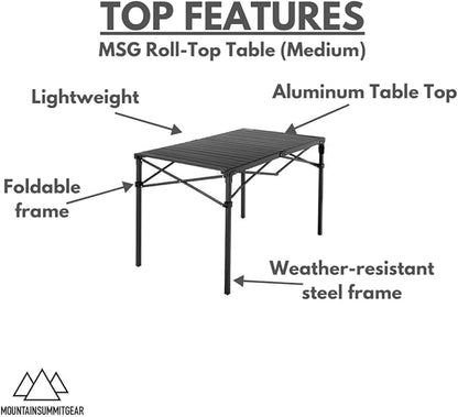 MOUNTAIN SUMMIT GEAR Heavy-Duty Roll-Top Table for Camping - Portable Aluminum-Top Folding Table with Steel Frame by Caddis Sports (Medium)