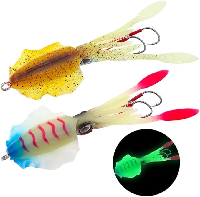 Squid Fishing Lures Large Simulation Luminous Artificial Lures Baits with 3D Holographic Eyes & Treble Hook, Built in Lead Blocks, Lifelike Plastic Fishing Soft Lures for Saltwater Fishing
