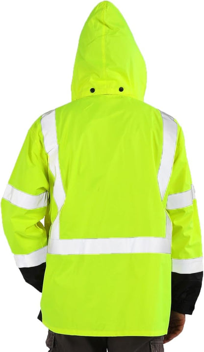 sesafety Hi Vis Rain Jacket, Rain Suits for Men Waterproof withBlack Bottom, Rain Coats for Men Interior Mesh, Class 3 HighVisibility Rain Gear,Removable Hood