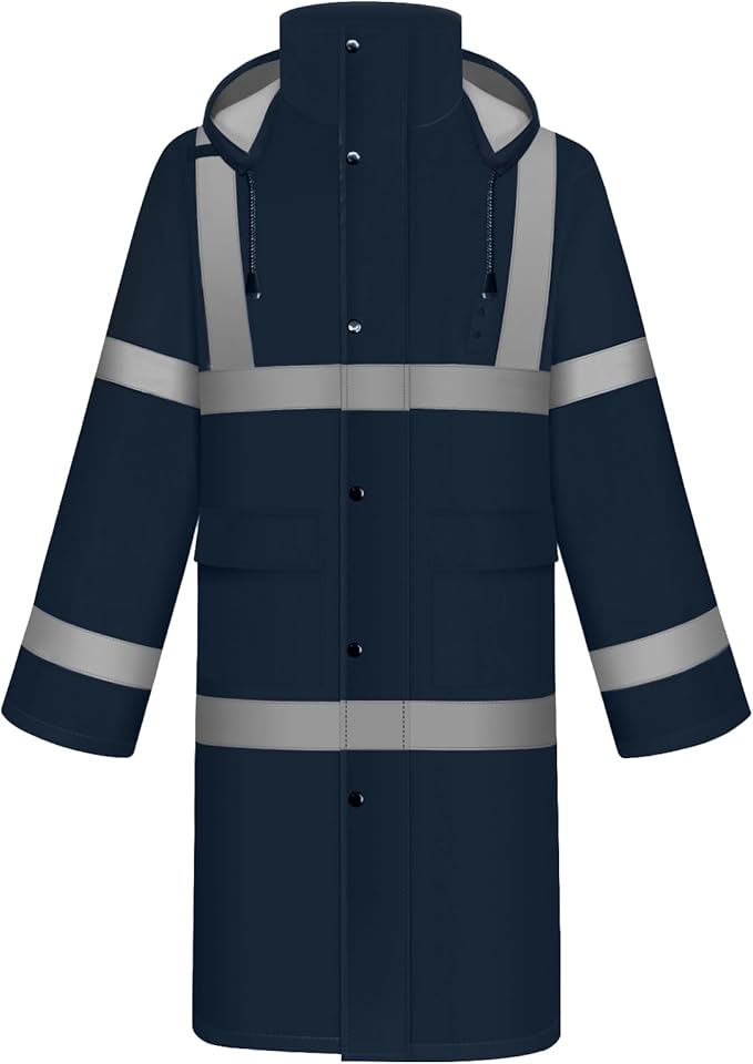 TCCFCCT Rain Suits Heavy Duty Rain Jackets with Hood, Waterproof, Hi Vis, Long Safety Coats for Women & Men, Navy Blue, XL