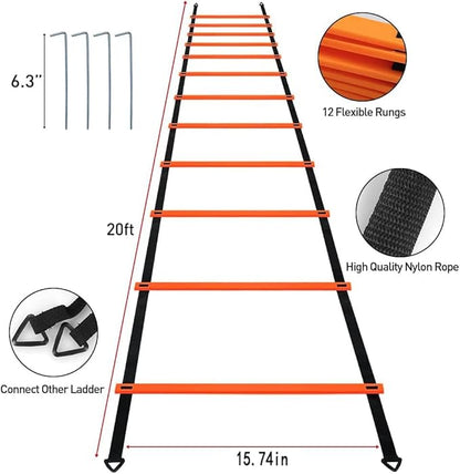 Pro Speed & Agility Training Set—Includes 12 Rung 20ft Adjustable Agility Ladder with Carrying Bag, 12 Disc Cones, 4 Steel Stakes, 1 Resistance Parachute, Use Equipment to Improve Footwork Any Sport