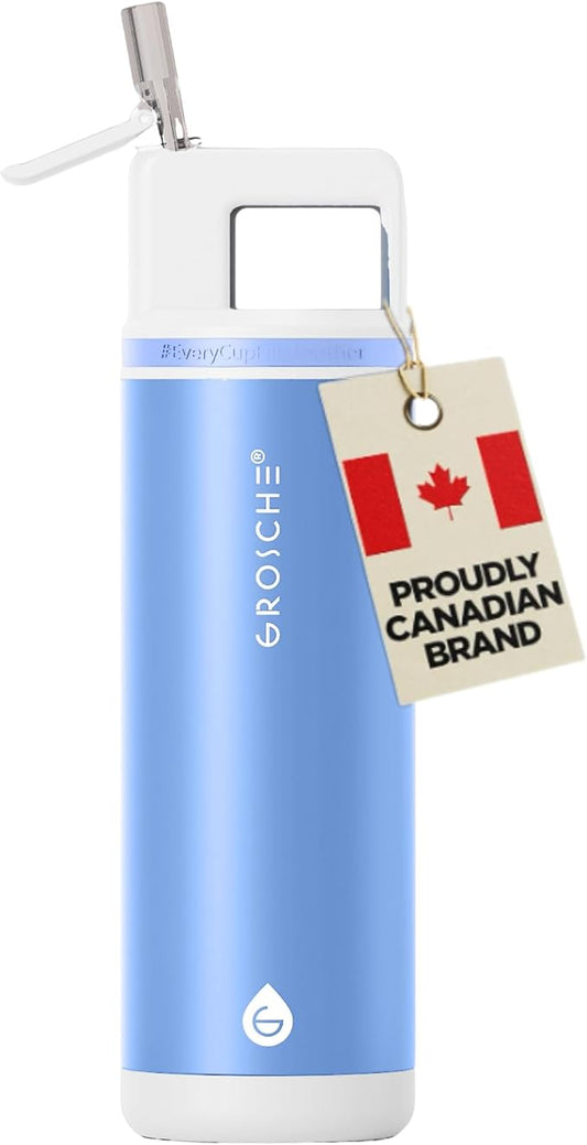 GROSCHE Alpine Shimmer Flip 'N Sip 20oz Insulated Water Bottle - Stainless Steel, Leakproof Flask with Straw, Perfect for Gym, Travel & Outdoor Use, Canadian Brand! - 20 fl. oz, Lagoon Blue