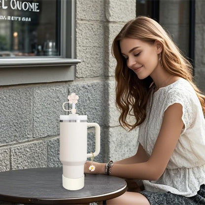 Stanley Cup Accessories Set,Including 2 Pcs 0.4in Straw Cover, 1 Silicone Spill-Proof Stopper Set of 3, 1 Cute Flower Handle Charm, 1 Silicone Boot Fits Stanley 40&30 Oz Tumbler (Cream)