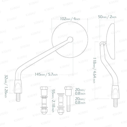 KiWAV Eclipse Mirrors Black Round Rear View Side Mirrors E-mark compatible for Triumph Go-through Mount