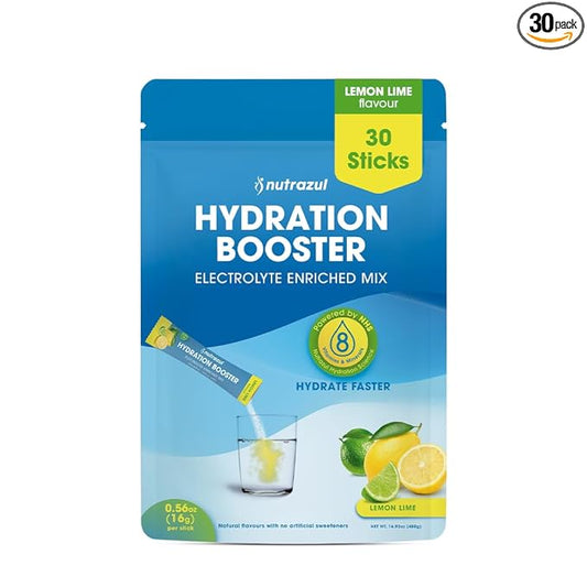 Nutrazul Hydration Booster, Electrolytes Powder Sticks with Sodium, Potassium, Vitamin B6 & B12, No Artificial Sweeteners, Lemon Lime Flavor, 30 Sticks