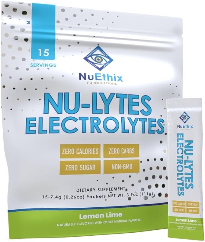 NuEthix Formulations NU-LYTES Electrolytes Hydration Packets, Zero Calories, Zero Sugar, Zero Carbs, Non-GMO, Electrolytes Powder Packets, Glycogen Replenishment, 15 Servings (Lemon Lime)