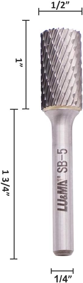 LU&MN SB-5 Tungsten Carbide Burr Cylinder Shape Double Cut Rotary Burrs File(1/2''cutter Dia,1''Cutter Length) with 1/4'' (6.35mm) Shank dia,3PCS