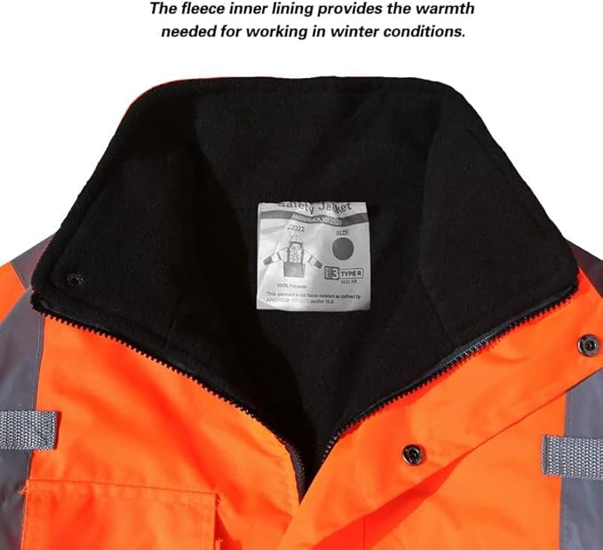 Safety jacket for men,Reflective high Visibility Hooded jacket,Hi-Vis Bomber Jacket with Pockets and Zipper,Waterproof,Black Bottom,ANSI/ISEA 107-2020 Type R Class 3,Orange