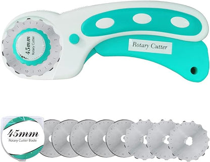 Headley Tools 45mm Rotary Cutter with 9pcs Extra Rotary Blades, Ergonomic Rolling Cutter with Safety Lock for Fabric, Sewing, Quilting, Cloth, Paper, Leather, Crafting, Fabric Rotary Cutter (Cyan)