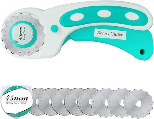 Headley Tools 45mm Rotary Cutter with 9pcs Extra Rotary Blades, Ergonomic Rolling Cutter with Safety Lock for Fabric, Sewing, Quilting, Cloth, Paper, Leather, Crafting, Fabric Rotary Cutter (Cyan)