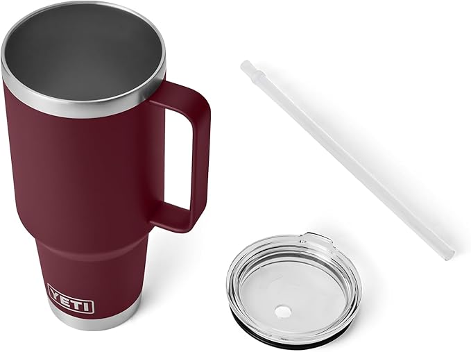 YETI Rambler 42 oz Tumbler with Handle and Straw Lid, Travel Mug Water Tumbler, Vacuum Insulated Cup with Handle, Stainless Steel, Wild Vine Red
