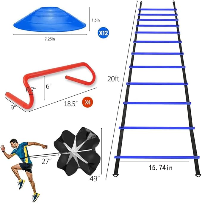 Speed & Agility Ladder Training Equipment Set, Includes 12 Rung 20ft Agility Ladder, 4 Agility Hurdles,12 Disc Cones, 1 Resistance Parachute for Training Football Soccer Basketball Athletes