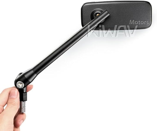 KiWAV Motorcycle Mirrors Rectangular ClassicPlus Black Convex Aspherical Anti-Glare Blue Tinted Glass Longer Stem 10mm 5/16 Inches Adapters for Cafe Racer Bobber Chopper Road Bike Pack of Pair