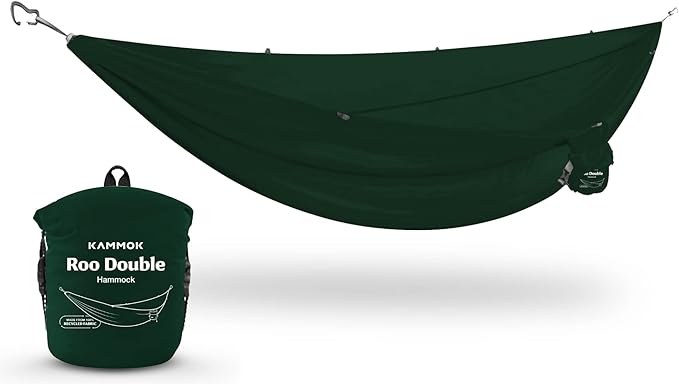 KAMMOK: Roo Double Hammock | Made from Strong & 100% Recycled Water Resistant Ripstop Fabric | Comfortable, Packable, Lightweight (Lifetime Adventure Grade Warranty), Pine Green