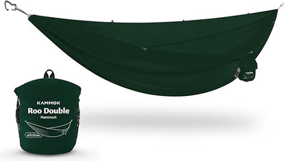 KAMMOK: Roo Double Hammock | Made from Strong & 100% Recycled Water Resistant Ripstop Fabric | Comfortable, Packable, Lightweight (Lifetime Adventure Grade Warranty), Pine Green