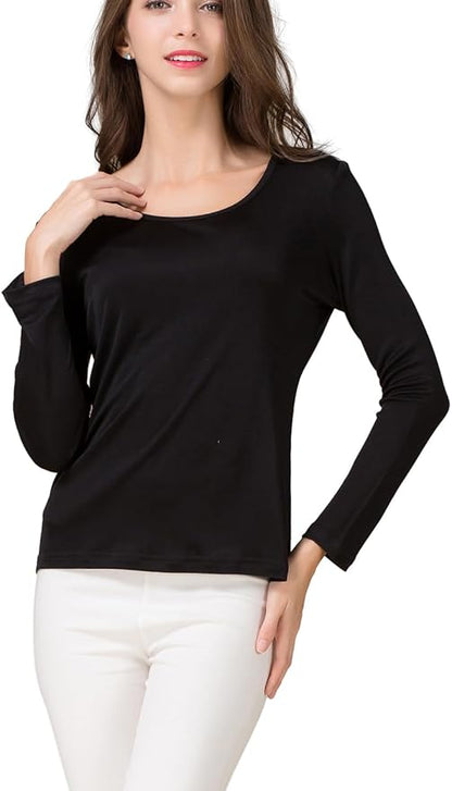 METWAY Women's Mulberry Silk T-Shirt Long Sleeve Pure Silk tee Shirt/Crew Neck Silk Blouse Undershirt