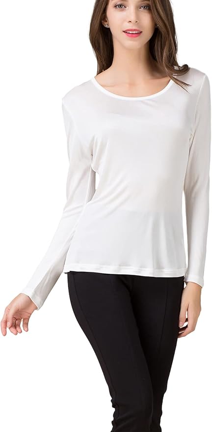 METWAY Women's Mulberry Silk T-Shirt Long Sleeve Pure Silk tee Shirt/Crew Neck Silk Blouse Undershirt