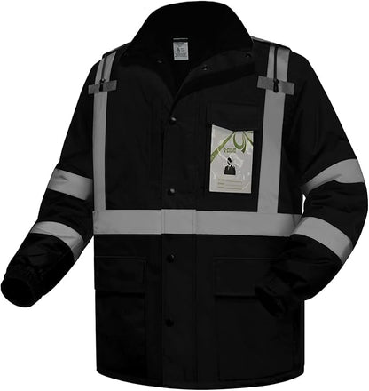 High Vis Safety Jackets, Reflective Work Jacket with Pockets for Men& Women, Construction Coats for Cold Weather, Waterproof Rain Jacket, Class 3, Black Long, XXL