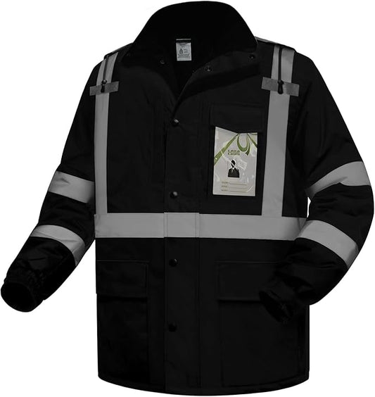 Safety Jackets for Men, Reflective Jacket with Pockets for Men& Women, Construction Coats for Winter Cold Weather, Waterproof High Vis Rain Gear, Class 3 Black Long, M