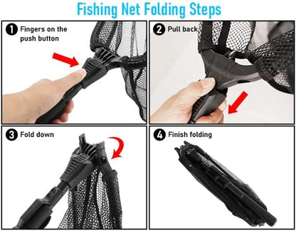 Fishing Net with Handle, Telescoping & Folding Fish Net for Easy Transport & Storage, Durable Freshwater & Saltwater Fishing Gear for Kids & Adults, Compact & Portable Design