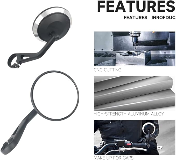 Motorcycle Handlebar Bar End Mirrors, CNC Aluminum 360 Degrees Adjustment Rearview Mirror Fit for Triumph Rocket 3/Street Triple 765RS/Bobber T120/Daytona 660 (Round Bar End Mirror)