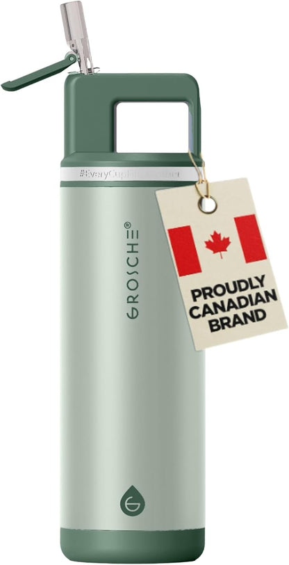 GROSCHE Alpine Shimmer Flip 'N Sip 20oz Insulated Water Bottle - Stainless Steel, Leakproof Flask with Straw, Perfect for Gym, Travel & Outdoor Use, Canadian Brand! - 20 fl. oz, Eucalyptus Green