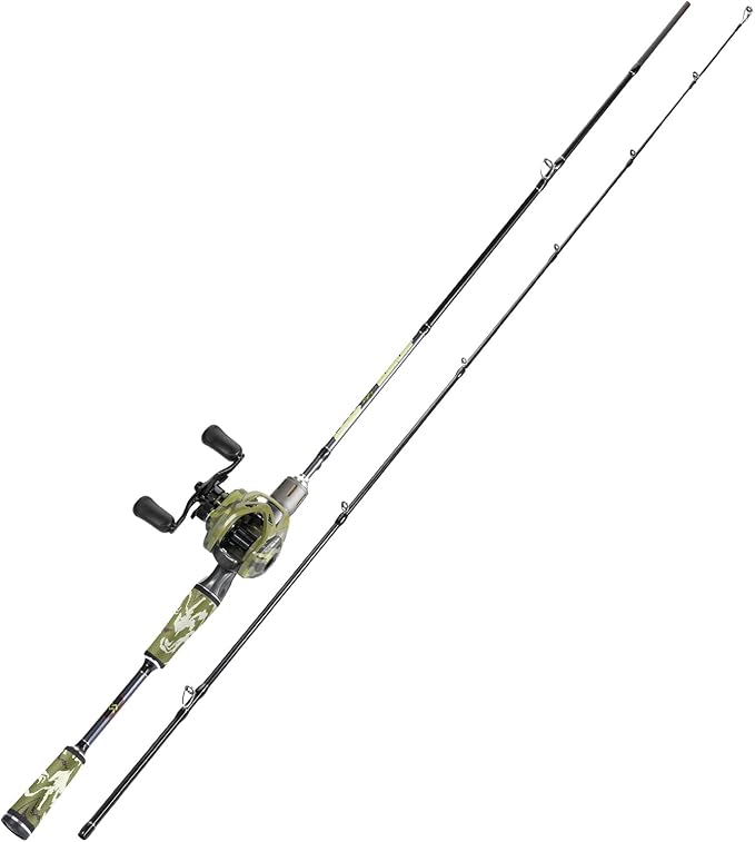 Sougayilang Baitcaster Combo, 30Ton+24Ton Graphite 2-Piece Blanks Casting Fishing Rod,SuperPolymer Handle,“S” Style Hook Keeper with Camo Baitcasting Reel