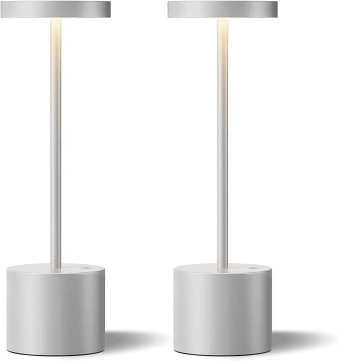 Kakanuo Silver Gray Cordless Lamp Set, Rechargeable Lamp, 3 Color Temperature, LED Outdoor Wireless Lamps, Battery Operated Lamps, Stepless Dimmable, Touch Control
