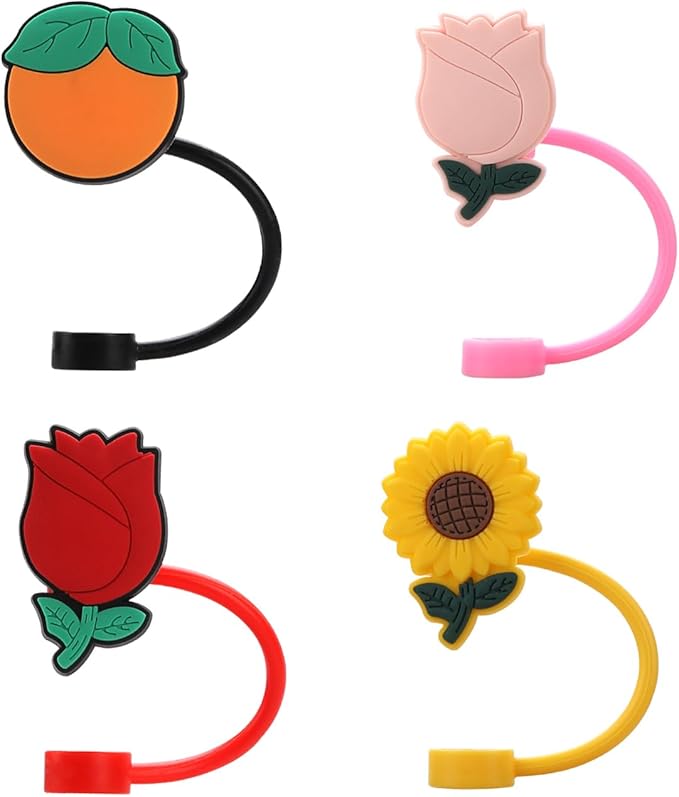 4Pcs Silicone Straw Toppers Cap for Stanley Cup 40oz –Red&Pink Rose, Orange, Sunflower, 10mm Reusable Dust-Proof Straw Covers, Water Bottle Accessories, Gift for Girl & Boy