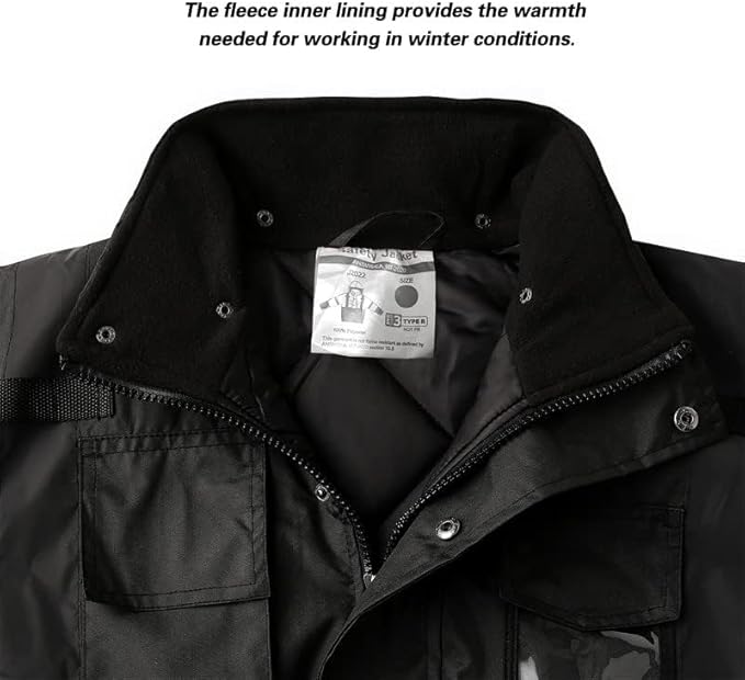 Safety jacket for men,Reflective high Visibility Hooded jacket,Hi-Vis Bomber Jacket with Pockets and Zipper,Waterproof,Black Bottom,ANSI/ISEA 107-2020 Type R Class 3,Black