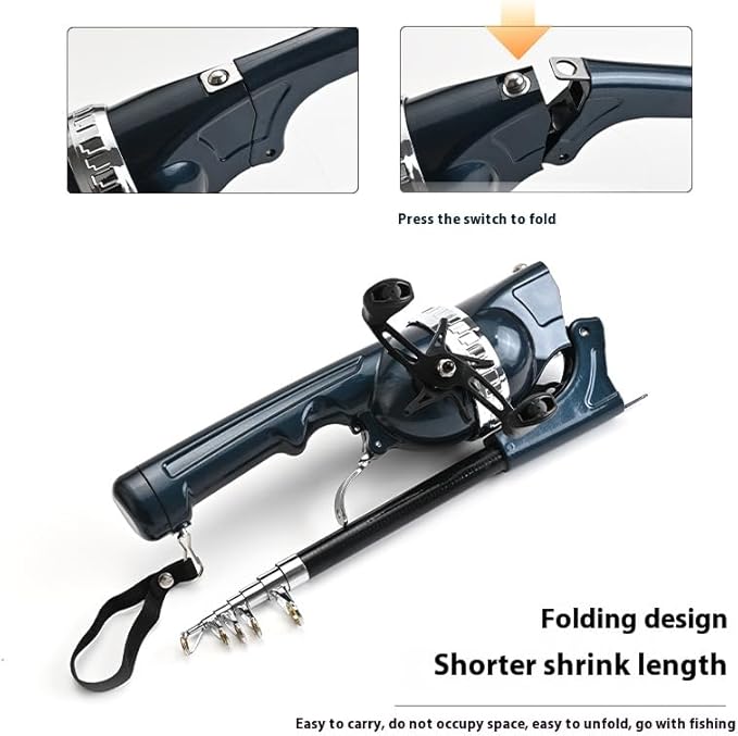 Portable Travel Fishing Rod, Integrated Rod and Wheel, Carbon Fiber-The Whole Rod is 25cm/0.82ft Long After Folding, Built-in Fishing Roller, and Comes with Fishing line.