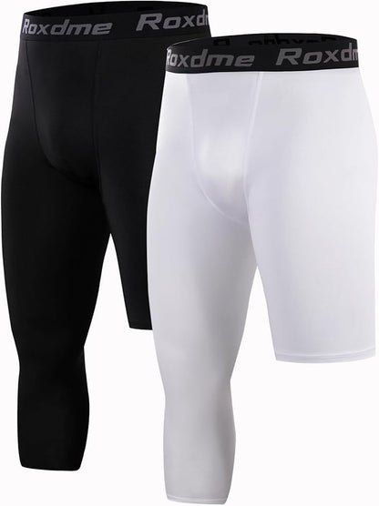 2 Pack Men's 3/4 One Leg Compression Capri Tights Pants Basketball Athletic Running