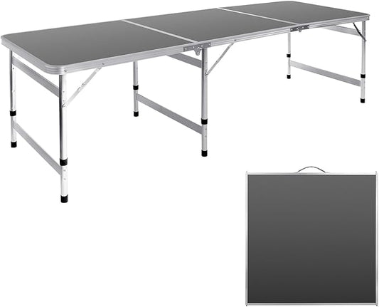 Camping Table 6FT Folding Table Large 3 Adjustable Height Portable Picnic Camp Aluminum Outdoor Table Picnic BBQ Black