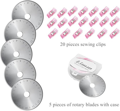 Rotary Cutter Set Pink- Quilting Kit incl. 45mm Fabric Cutter, 5 Replacement Blades, A1 Cutting Mat, Acrylic Quilting Ruler and Sewing Clips, Craft Knife Set, Ideal for Crafting, Sewing, Patchworking