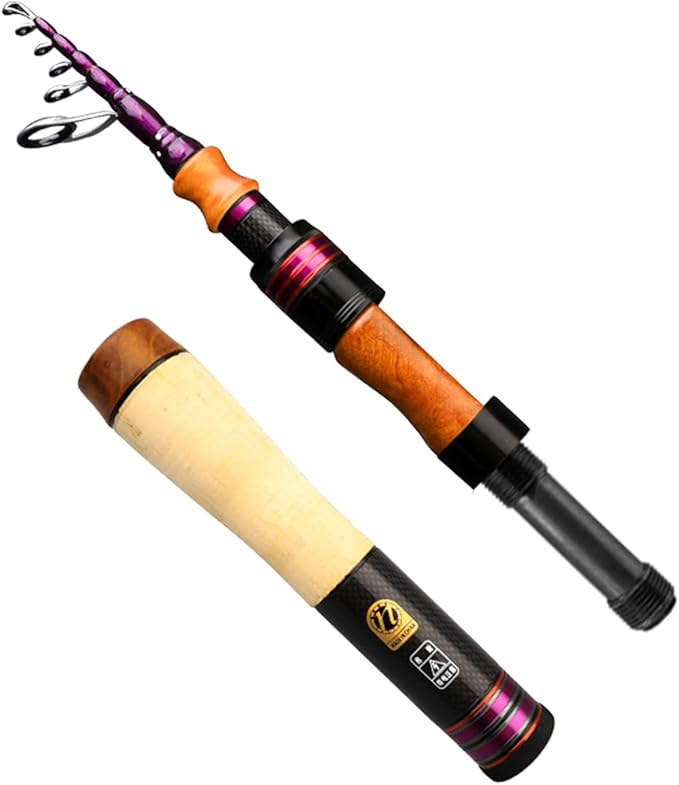 PURELURE Telescopic Fishing Rod Spinning & Casting, Fuji Alconite Ring, Detachable Handle Closed Length 9.8in, Spare Carbon Solid Tip, Solid Wood Reel Seat Lightweight 3A-Grade Cork Handle Travel Rod