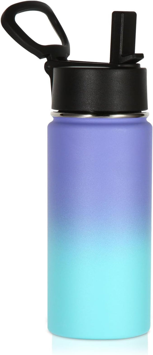 Volhoply Kids Insulated Water Bottle with Straw,16oz Stainless Steel Cold Water Bottles for School,BPA-Free Metal Wide Mouth Cups with Handle,Reusable Double Wall Vacuum Sport Flask(Purple Blue,1)
