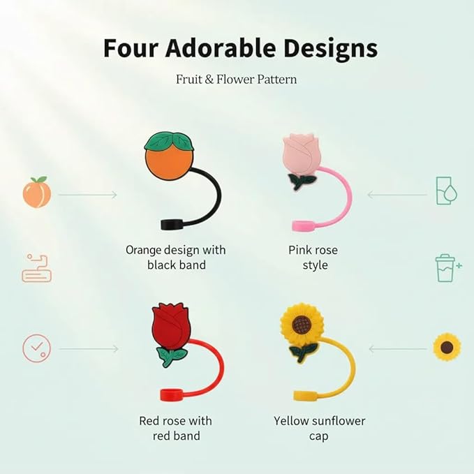 4Pcs Silicone Straw Toppers Cap for Stanley Cup 40oz –Red&Pink Rose, Orange, Sunflower, 10mm Reusable Dust-Proof Straw Covers, Water Bottle Accessories, Gift for Girl & Boy