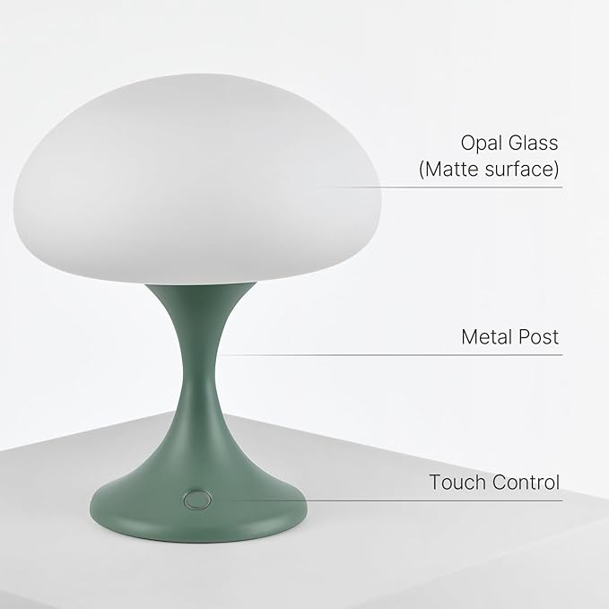 Mushroom Lamp, 5W LED Cordless Rechargeable Table Lamp with Glass Shade, Small Retro Dimmable Touch Light with 3 Color Temps, Aesthetic Mid Century Bedside Light for Bedroom Ambient, Green