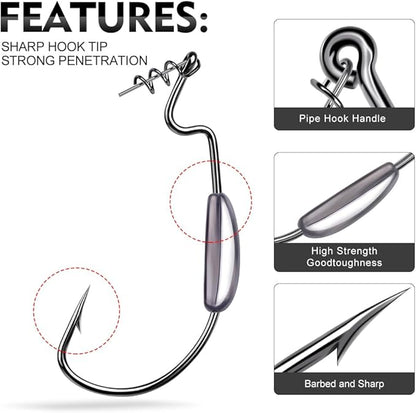 Fishing Hooks for Bass Fishing - 100pcs EWG Offset Worm Hook Texas Rig Hooks for Freshwater Saltwater Size 1/0 2/0 3/0 4/0 5/0 - Soft Lures Worms Plastics Bait Fishing Hook with Tackle Box
