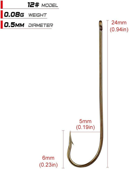 100pcs Long Shank Fishing Hooks High Carbon Steel Fly Tying Jig Hooks Super Sharp Barbed Hook Tips Tan Color 13 Sizes for Choice