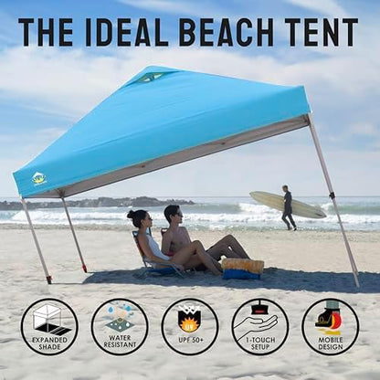 CROWN SHADES 10x10 Pop Up Canopy Tent - Patented Center Lock One Push Instant Outdoor Canopy Beach Tent with STO-N-Go Bag 8 Stakes & 4 Sand Bags，Sky Blue
