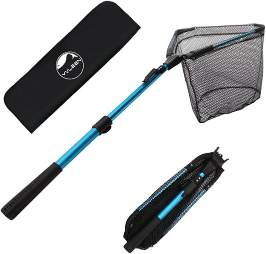 YVLEEN Folding Fishing Net - Foldable Fish Landing Net Robust Aluminum Telescopic Pole Handle and Nylon Mesh 16inch Hoop Size