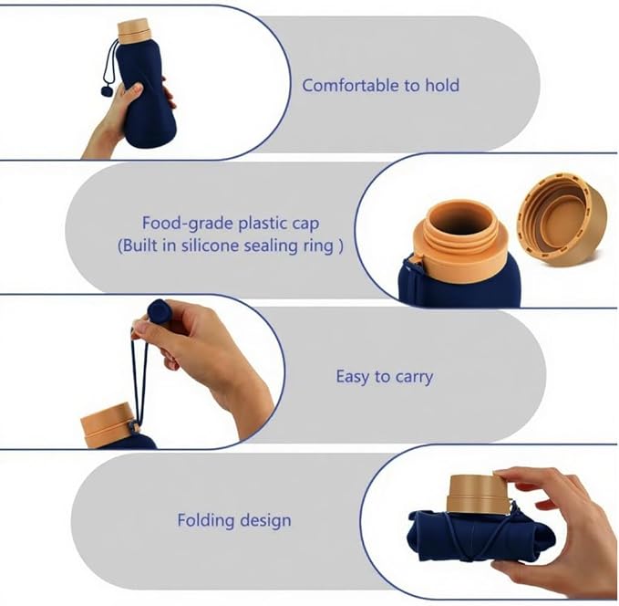 Collapsible Water Bottles,650ml,Leak Proof,Reuseable BPA Free Silicone Foldable Water Bottles,Durable Lightweight for Travel Gym Camping Hiking,Compact Size Portable Sports Water Bottle (Deep Blue)