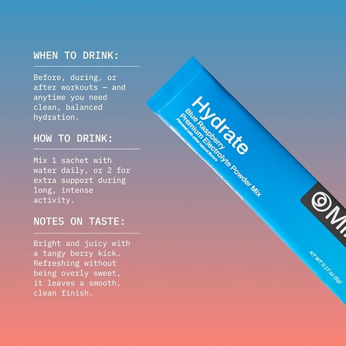 Mikra Hydrate Electrolytes Powder Packets, Sugar Free Hydration Powder Sticks, Naturally Flavored Electrolyte Drink Mix for Needed Hydration Support, Daily Wellness & Workout, Blue Raspberry, 24 Pack