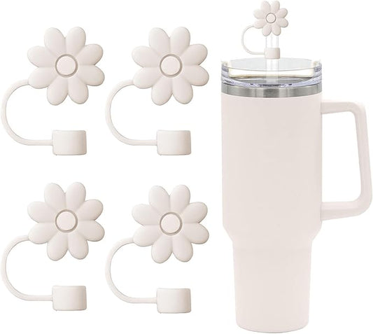 4PCS Silicone Straw Covers Toppers for Stanley Cups 30&40 Oz Tumbler Accessories Flower Straw Caps Cream Dust-Proof Reusable Straws Tips Protectors for Stanley Cup 10mm 0.4in Straws