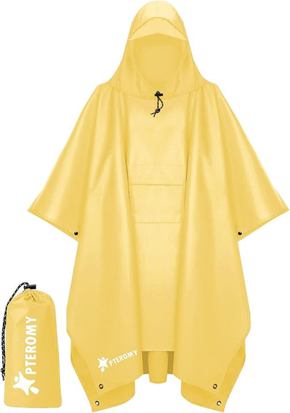 PTEROMY Hooded Rain Poncho for Adult with Pocket, Waterproof Lightweight Unisex Raincoat for Hiking Camping Emergency