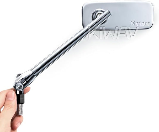 KiWAV Motorcycle Mirrors Rear View Side Rectangular ClassicPlus Chrome Convex Aspherical Anti-Glare Blue Tinted Glass Longer Stem 10mm 1.5 Pitch Adapters Compatible for some BMW Models Pack of Pair